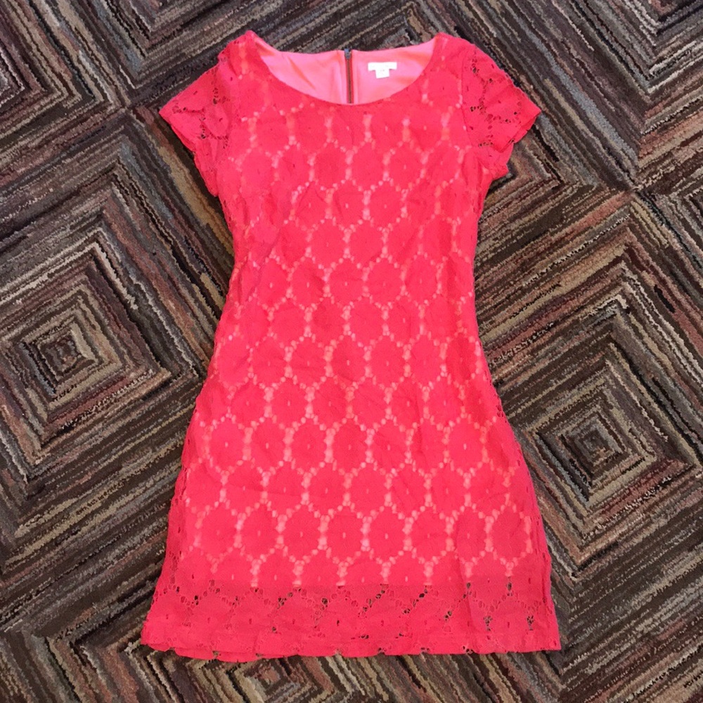 Coral dress with lace overlay